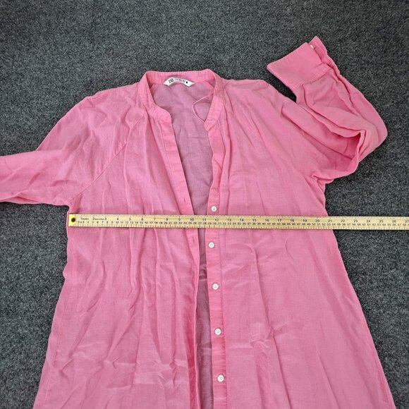 ZARA M Pink‎ Linen Cotton Button Front Shirt Dress Tunic Long Sleeve High Low - Picture 6 of 7